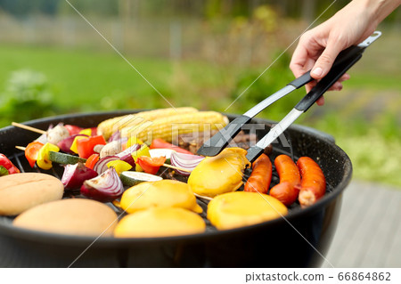barbecue kebab meat and vegetables on grill barbecue kebab meat and vegetables on grill 66864862