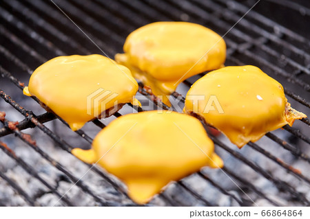 close up of meat cutlet with cheese on grill 66864864