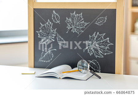 book with magnifier on table and chalkboard book with magnifier on table and chalkboard 66864875