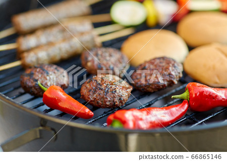 barbecue kebab meat and vegetables on grill barbecue kebab meat and vegetables on grill 66865146