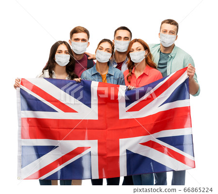 people in medical masks with british flag people in medical masks with british flag 66865224