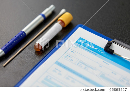 medical report, test tube, cotton swab and pen 66865327