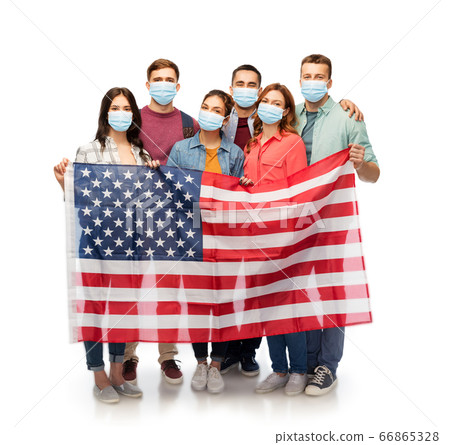 people in medical masks with American flag 66865328