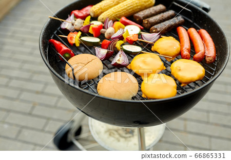 barbecue kebab meat and vegetables on grill barbecue kebab meat and vegetables on grill 66865331