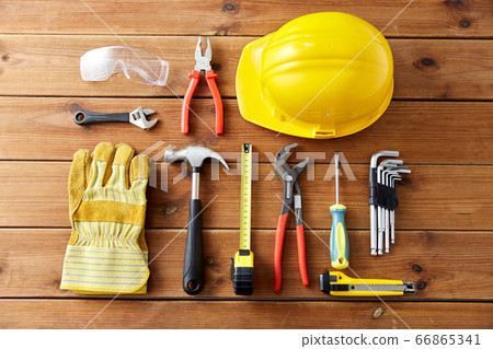 different work tools on wooden boards 66865341