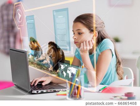 girl with laptop learning nature online at home girl with laptop learning nature online at home 66865408