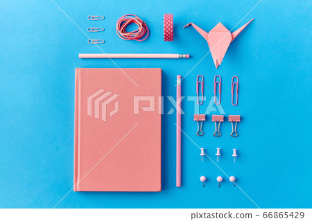 pink notebook, pins, clips, pencils and rubbers pink notebook, pins, clips, pencils and rubbers 66865429
