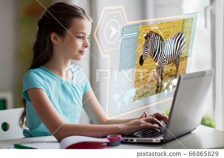 girl with laptop learning nature online at home girl with laptop learning nature online at home 66865829