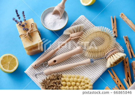 cleaning brushes, lemon and wooden clothespins 66865846