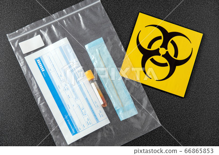 beaker with test, cotton swab and medical report beaker with test, cotton swab and medical report 66865853