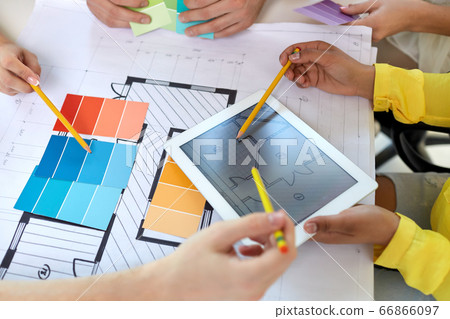 hands with blueprint, tablet pc and color samples hands with blueprint, tablet pc and color samples 66866097