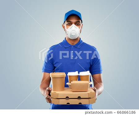 delivery man in respirator mask with takeout food delivery man in respirator mask with takeout food 66866186
