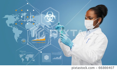 doctor in medical mask over world pandemia map doctor in medical mask over world pandemia map 66866407