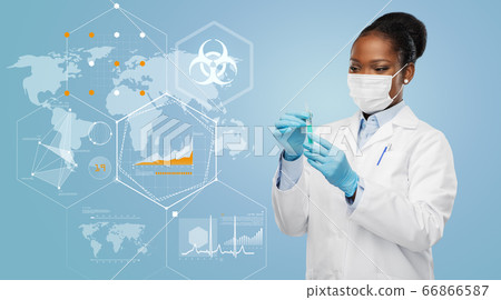 doctor in medical mask over world pandemia map 66866587