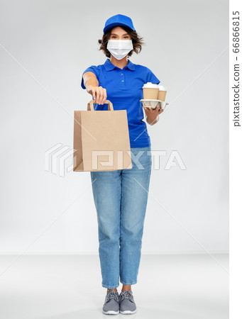 delivery woman in face mask with food and drinks delivery woman in face mask with food and drinks 66866815
