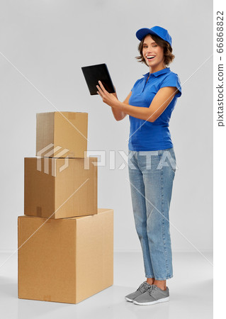 delivery girl with parcel boxes and tablet pc delivery girl with parcel boxes and tablet pc 66868822