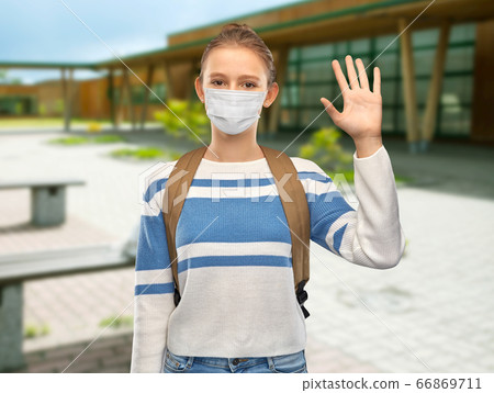 teenage student girl in mask with school bag teenage student girl in mask with school bag 66869711