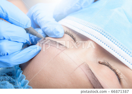 Permanent makeup for Eyebrows having professional eyebrow tattoo in beauty salon. 66871387