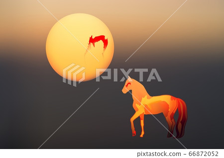 Abstract mystical background with unusual animals at sunset. Fantastic images and symbols. Horse 66872052