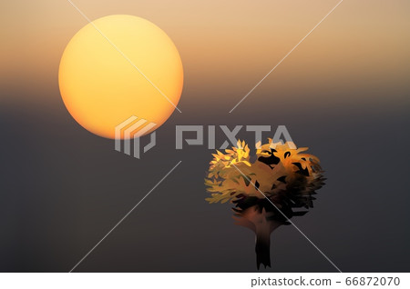 Abstract mystical background with unusual animals at sunset. Fantastic images and symbols. Tree 66872070