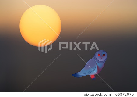 Abstract mystical background with unusual animals at sunset. Fantastic images and symbols. Owl 66872079