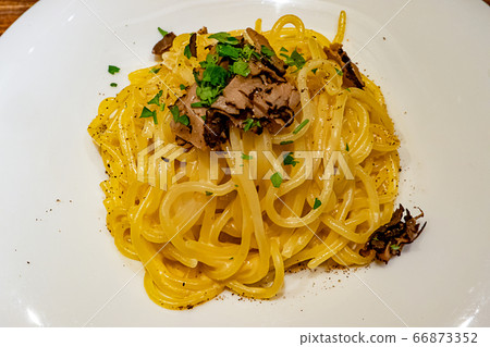 濃郁的奶油意麵配黑松露和海膽頂視圖水平位置 66873352
