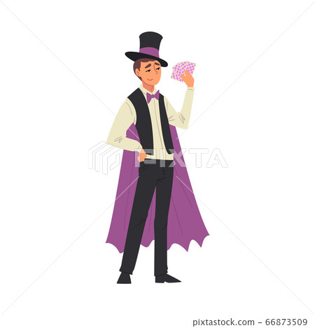Magician Doing Tricks with Playing Cards, Illusionist Character in Cape Performing at Magic Show Cartoon Style Vector Illustration 66873509