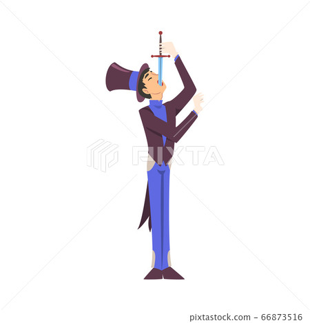 Magician Swallowing Sword, Illusionist Character in Tailcoat and Top Hat Performing at Magic Show Cartoon Style Vector Illustration 66873516