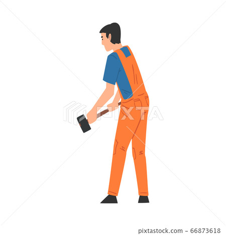 Man Working with Sledgehammer, Home Renovation, Male Construction Worker Character with Professional Equipment Vector Illustration on White Background 66873618