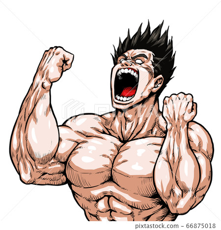 Guts, Reverse hair, Frenzy, Screaming, Screaming, Drama, Cartoon, Muscles, Bodybuilding, Macho, Posing, Front view, White background, 66875018