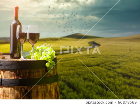 red wine bottle and wine glass on wodden barrel 66878569