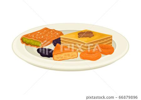 Uzbek Traditional Dessert with Dried Fruits and Oriental Sweets Rested on Plate Vector Illustration 66879896