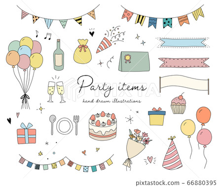 Set of hand-drawn illustrations of party goods/birthday/anniversary/event Set of hand-drawn illustrations of party goods/birthday/anniversary/event 66880395