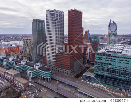 Aerial Drone view of The Hague Downtown Skyscrapers looking towards the North Sea Aerial Drone view of The Hague Downtown Skyscrapers looking towards the North Sea 66880474