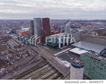 Aerial Drone view of The Hague Downtown Skyscrapers looking towards the North Sea Aerial Drone view of The Hague Downtown Skyscrapers looking towards the North Sea 66880475