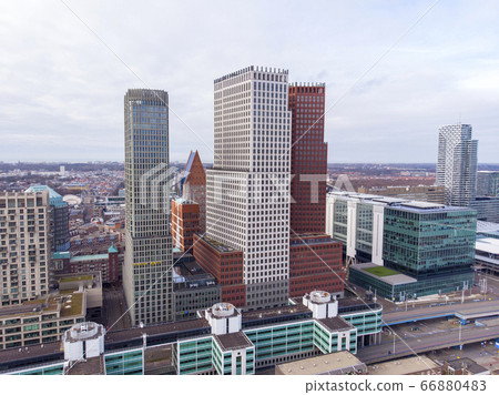 Aerial Drone view of The Hague Downtown Skyscrapers looking towards the North Sea Aerial Drone view of The Hague Downtown Skyscrapers looking towards the North Sea 66880483