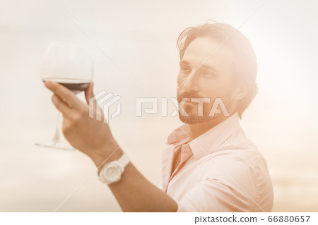 Handsome Caucasian man with glass of red wine on white background. Holiday or festive toast concept. Tinted image 66880657