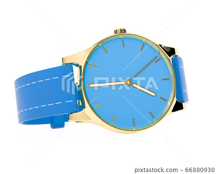 Wrist watch. Blue dial with golden case and blue leather bracelet. 3d rendering illustration 66880930