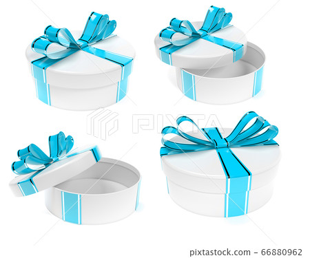Round gift box decorated with blue ribbon bow. Set. 3d rendering illustration 66880962