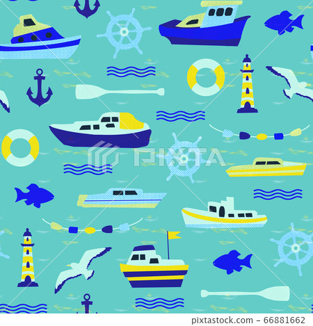 Seamless marine pattern with boats, seagulls, 66881662