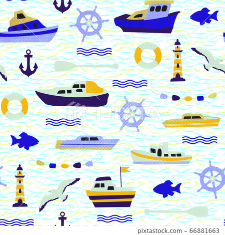 Seamless marine pattern with boats, seagulls, 66881663