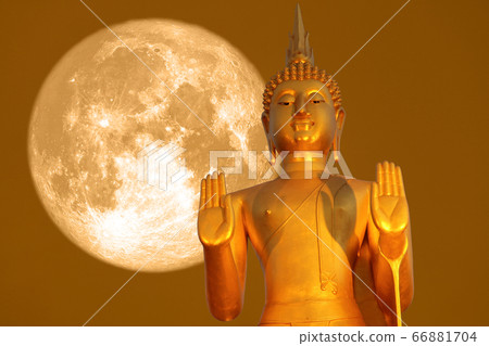 Buddha pacifying the ocean and full moon on orange 66881704