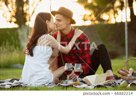 Caucasian young and happy couple enjoying a picnic in the park on summer day 66882214