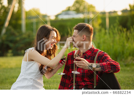 Caucasian young and happy couple enjoying a picnic in the park on summer day Caucasian young and happy couple enjoying a picnic in the park on summer day 66882234