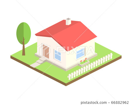Isometric house on white background. 3d cottage with tree and fence. Real estate or home concept. Beautiful country house with red roof. Apartment for rent. Vector illustration Isometric house on white background. 3d cottage with tree and fence. Real estate or home concept. Beautiful country house with red roof. Apartment for rent. Vector illustration 66882962