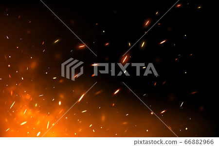 Fire sparks on dark backdrop. Glowing particles flying up. Realistic fire and flame. Yellow and red light effect. Burning orange elements. Vector illustration 66882966