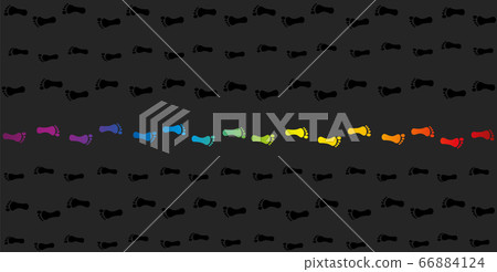 Footmark against the current. Rainbow colored footprints in opposite direction to the crowd. Symbol for courage, individuality, diversity or being an outsider. Vector on gray background. Footmark against the current. Rainbow colored footprints in opposite direction to the crowd. Symbol for courage, individuality, diversity or being an outsider. Vector on gray background. 66884124