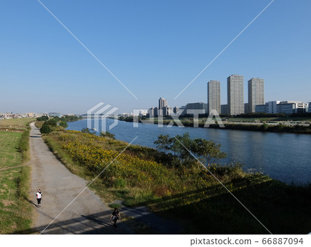 從川崎市的煤氣橋看到的多摩河的早晨視圖 66887094