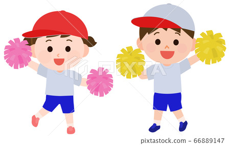 Illustration of men and women holding pompoms to support athletic meet Illustration of men and women holding pompoms to support athletic meet 66889147