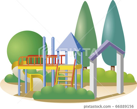 停放著由球形和圓錐形的樹木和灌木環繞的滑梯 66889156